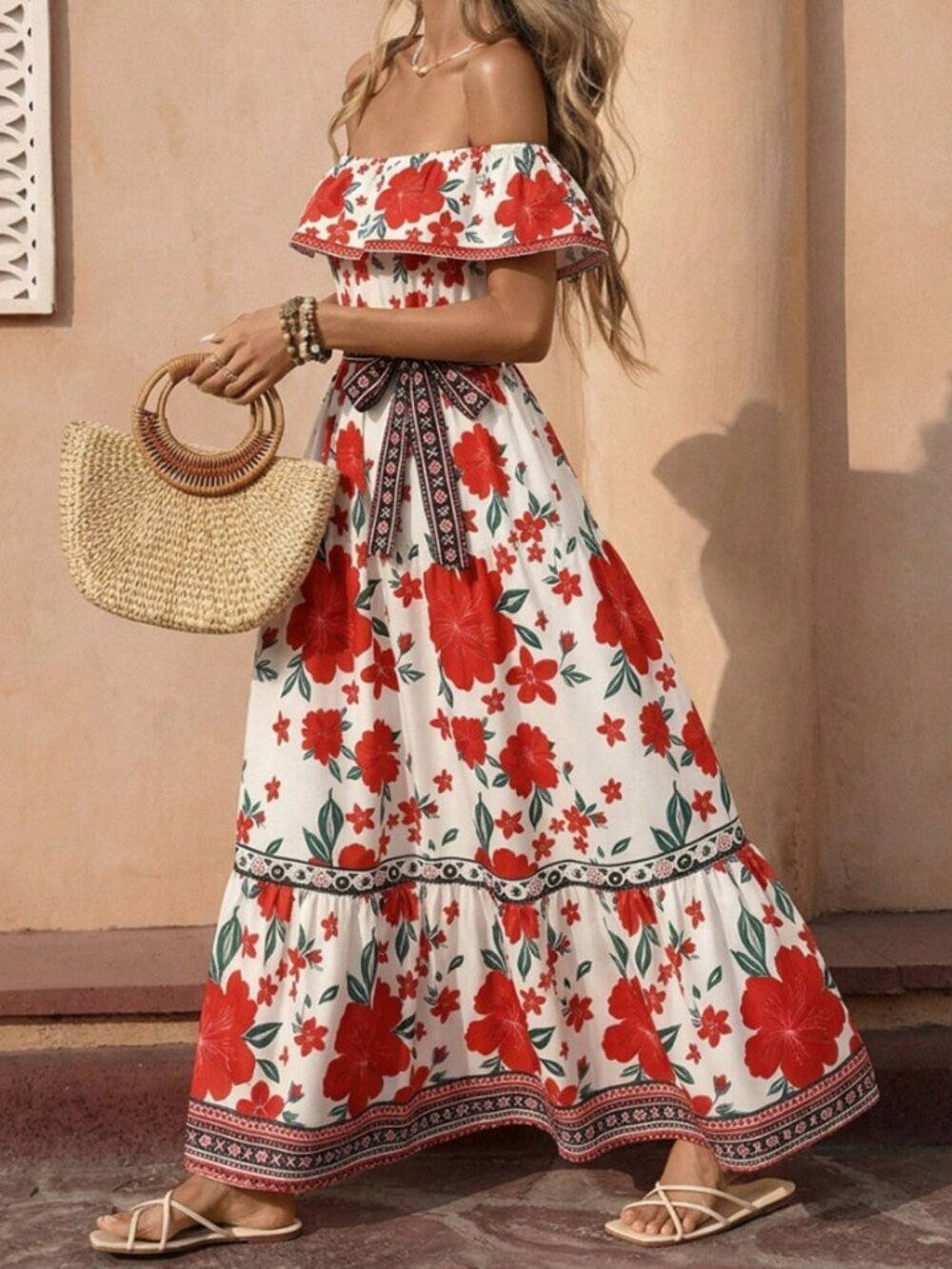 Multicolor Casual Women's Ruffle Neck Maxi Dress with Cinched Waist A-Line - Picture 3 of 6